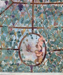 Der halbkreisförmige ionische Portikus, Detail des Deckenwölbungs mit einem Putto, der einem jungen Satyr Trauben füttert, 1551-55